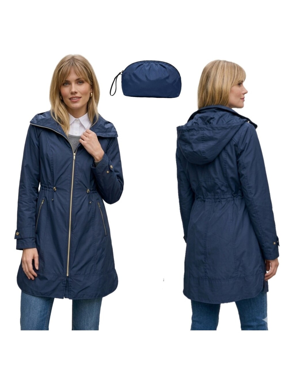 Cole Haan Womens Packable Rain Coat Jacket Size XS Hooded Long Litewt Blue NEW